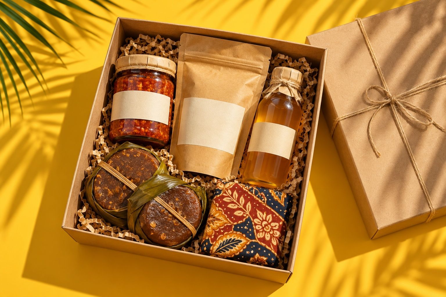 An open kraft gift box packed with sambal, coffee, palm sugar, honey and batik on a yellow backdrop