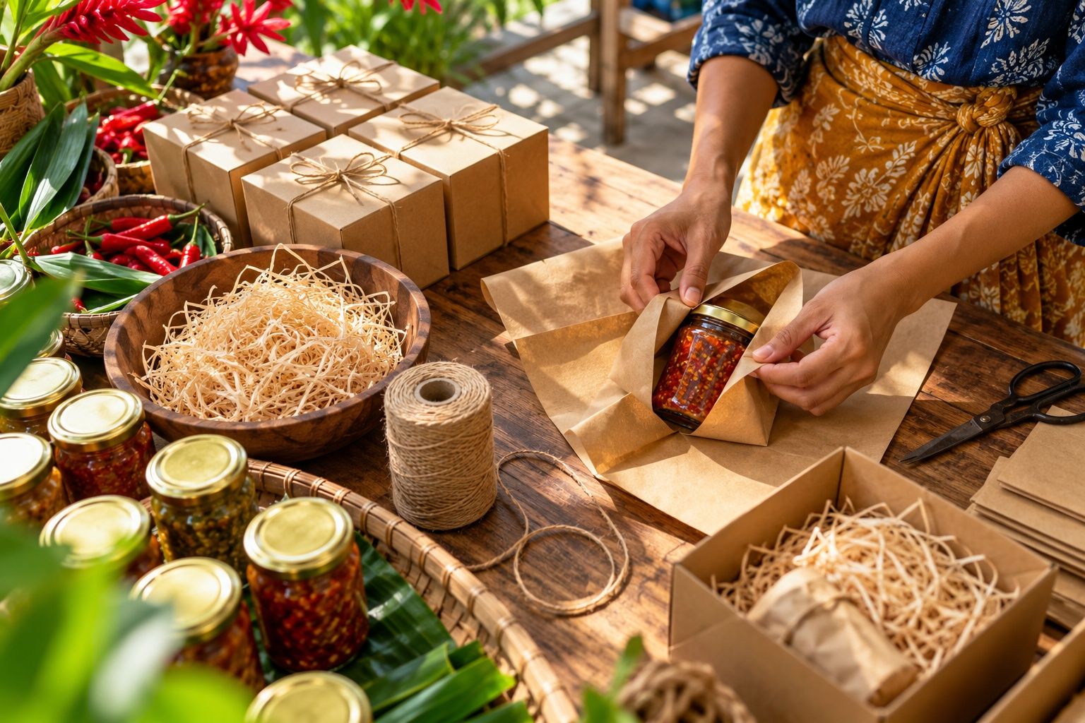 Hands wrapping a glass jar in kraft paper on a packing table with rows of kraft boxes and twine